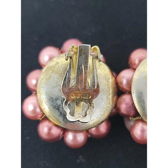 Vintage Clip On Japan Burgandy Brown Faux Pearl Bead Round Earring Set Gold Tone - Picture 4 of 12